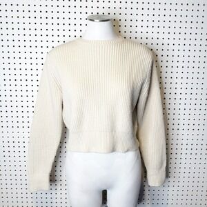 ZARA | Cream Ribbed Knit Crew Neck Cropped Sweater Pullover Women XS